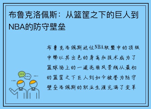 布鲁克洛佩斯：从篮筐之下的巨人到NBA的防守壁垒